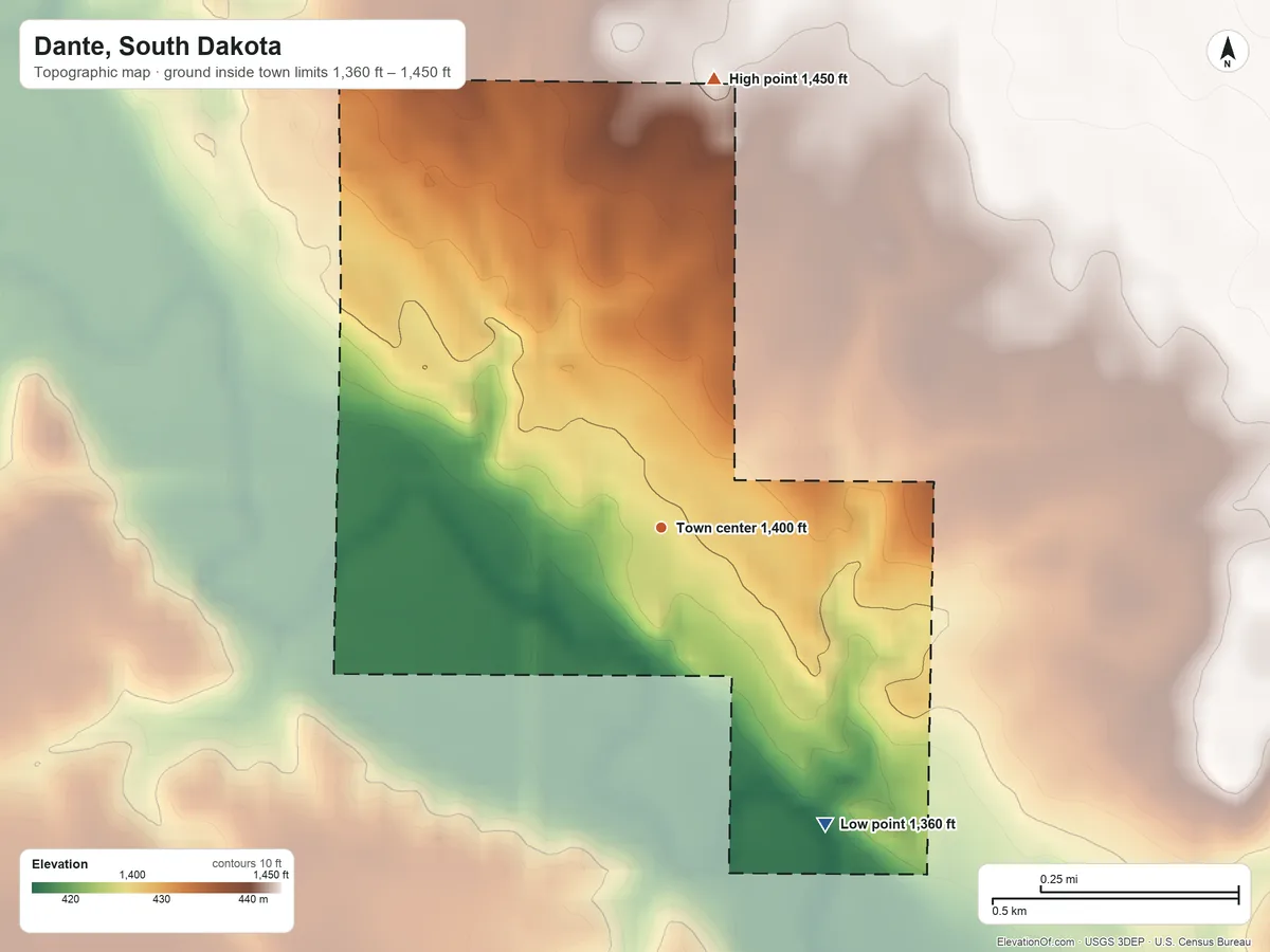 Topographic elevation map of Dante, South Dakota, shaded from 1,360 ft on the southeast side to 1,450 ft on the north side