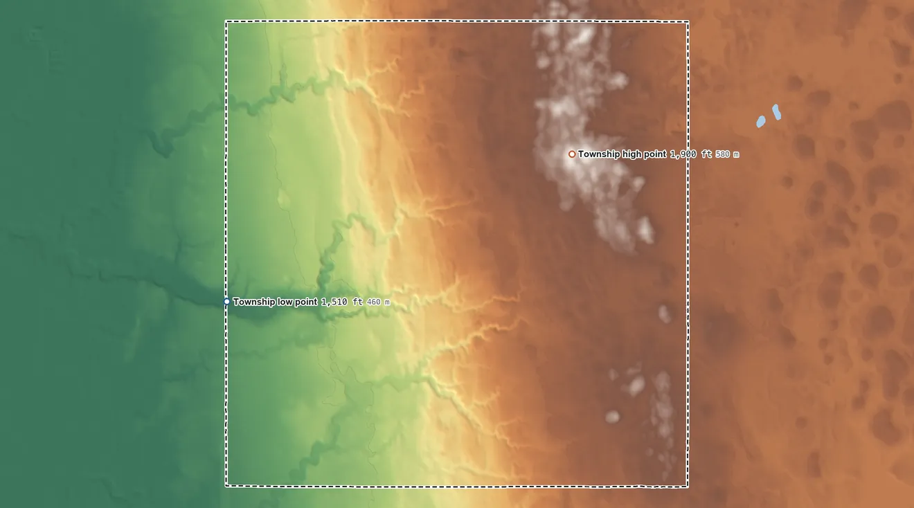 Topographic elevation map of Darlington Township, Clark County, South Dakota, shaded from 1,510 ft on the southwest side to 1,900 ft near the middle