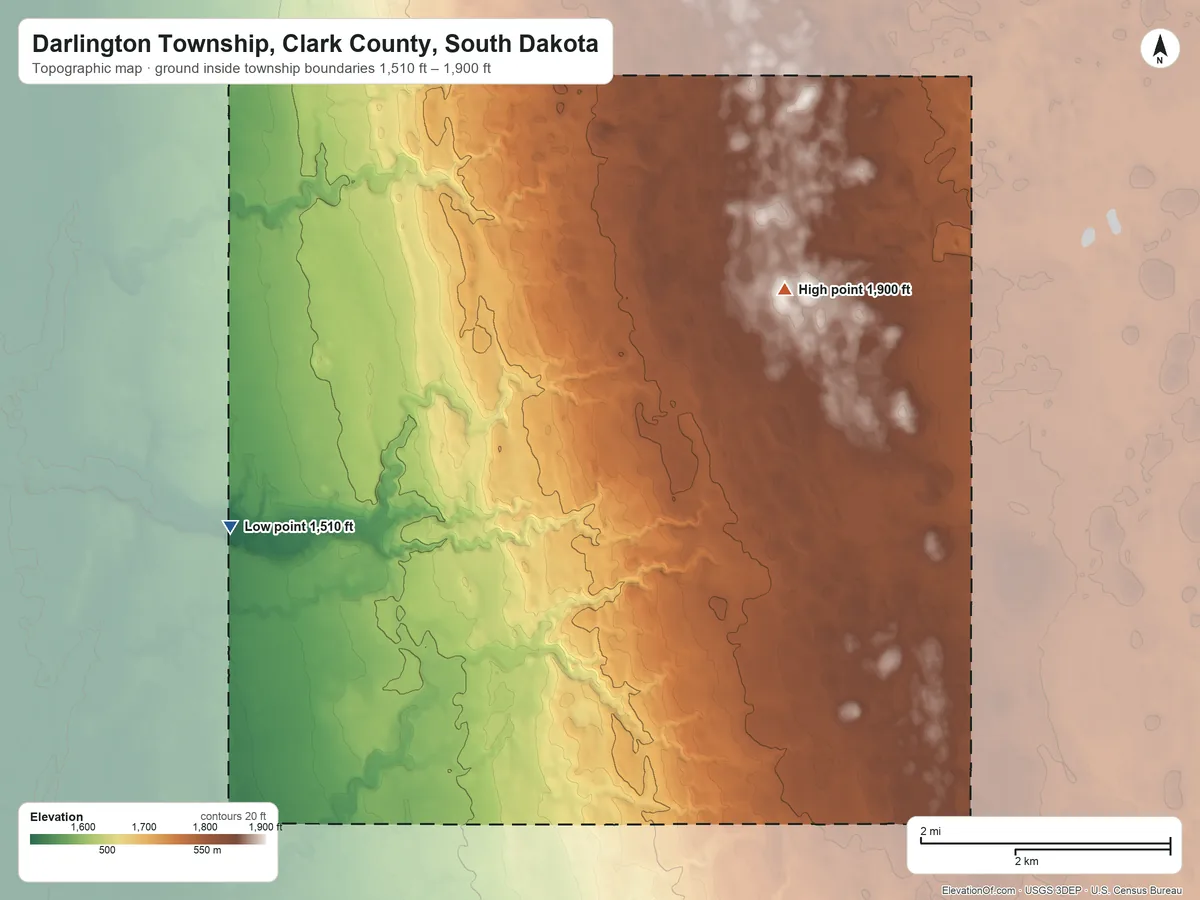 Topographic elevation map of Darlington Township, Clark County, South Dakota, shaded from 1,510 ft on the southwest side to 1,900 ft near the middle