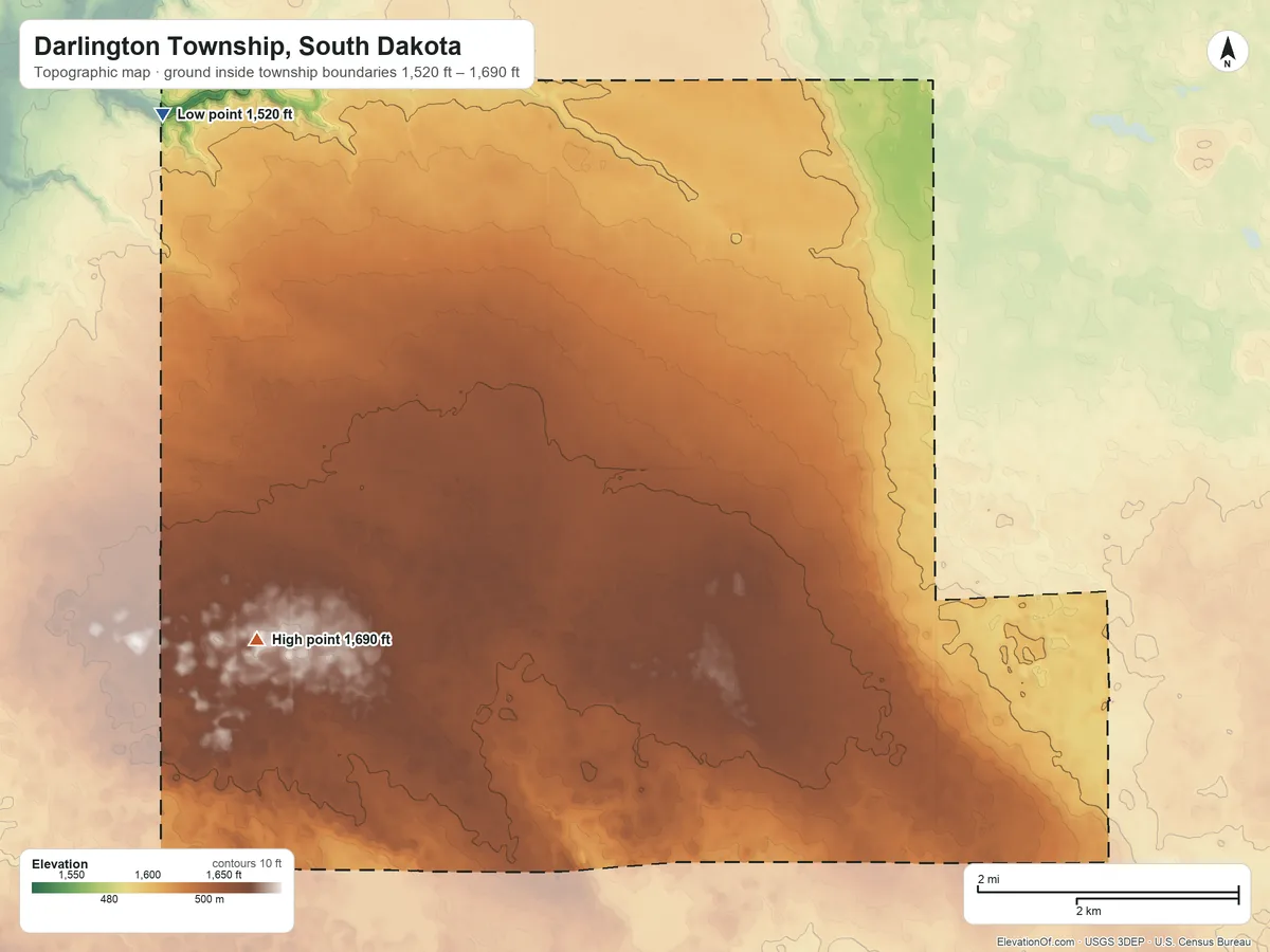 Topographic elevation map of Darlington Township, South Dakota, shaded from 1,520 ft on the northwest side to 1,690 ft on the southwest side
