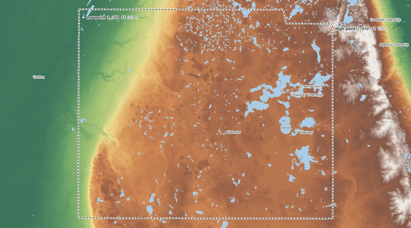 Topographic elevation map of Day County, South Dakota, shaded from 1,300 ft on the northwest side to 2,040 ft on the northeast side