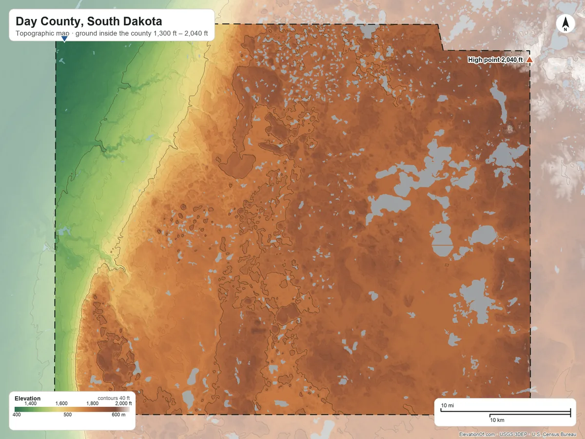 Topographic elevation map of Day County, South Dakota, shaded from 1,300 ft on the northwest side to 2,040 ft on the northeast side