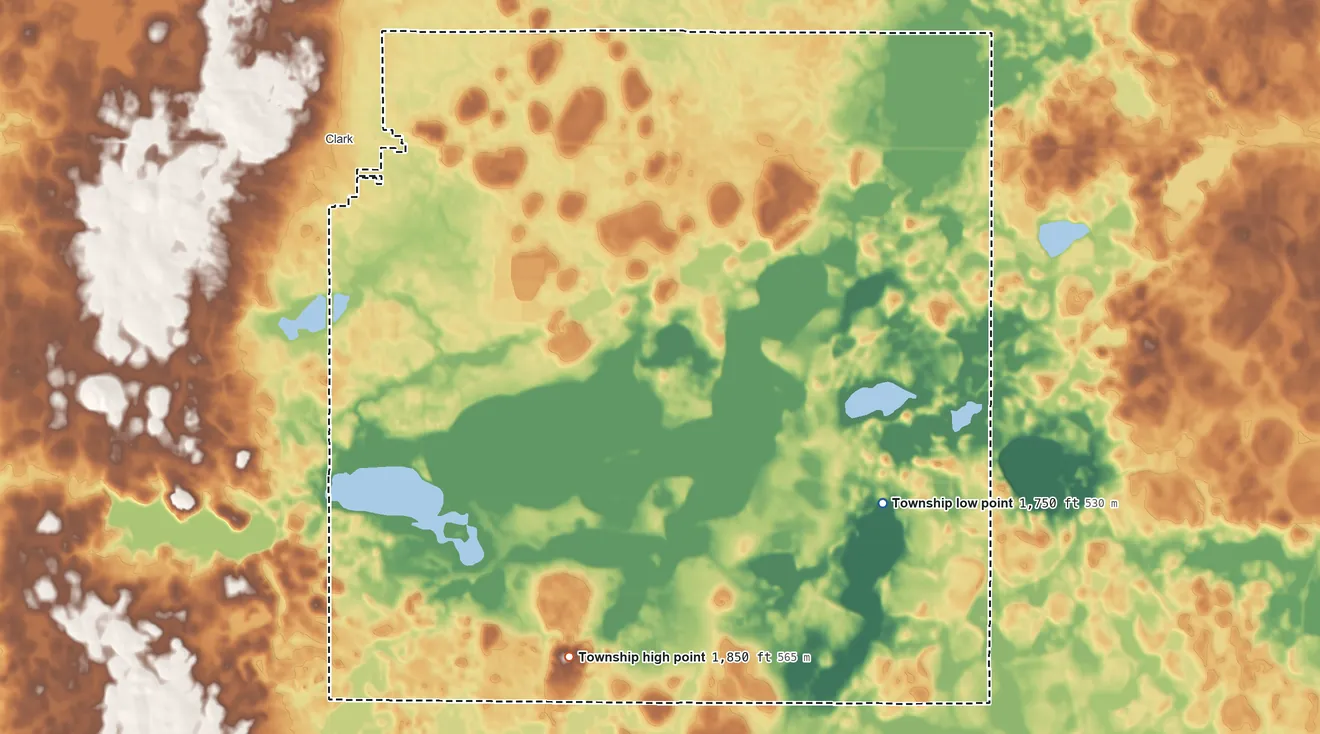 Topographic elevation map of Day Township, South Dakota, shaded from 1,750 ft on the southeast side to 1,850 ft on the south side