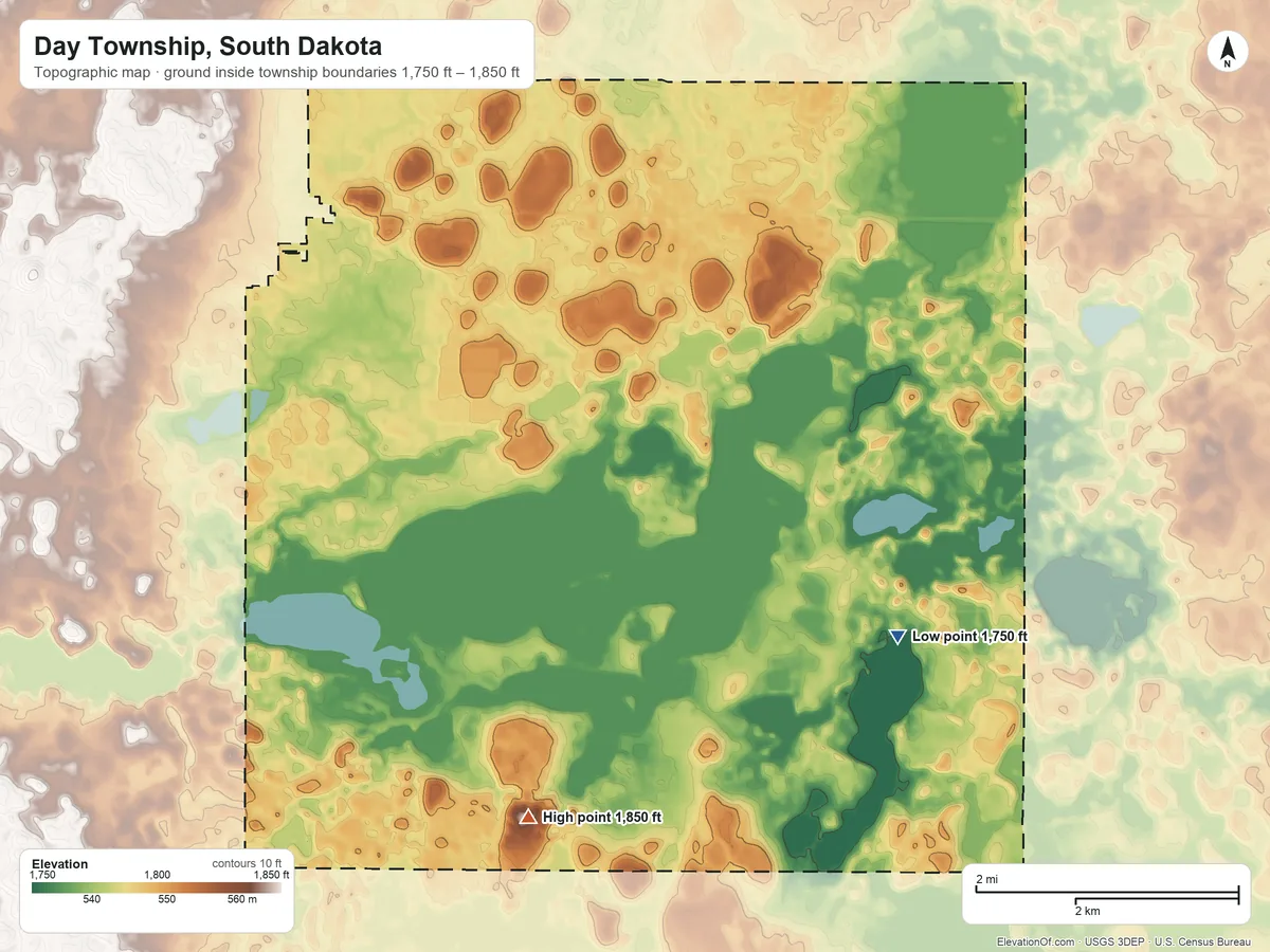 Topographic elevation map of Day Township, South Dakota, shaded from 1,750 ft on the southeast side to 1,850 ft on the south side
