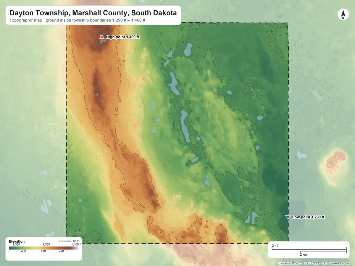 Topographic elevation map of Dayton Township, Marshall County, South Dakota, shaded from 1,290 ft on the southeast side to 1,400 ft on the northwest side