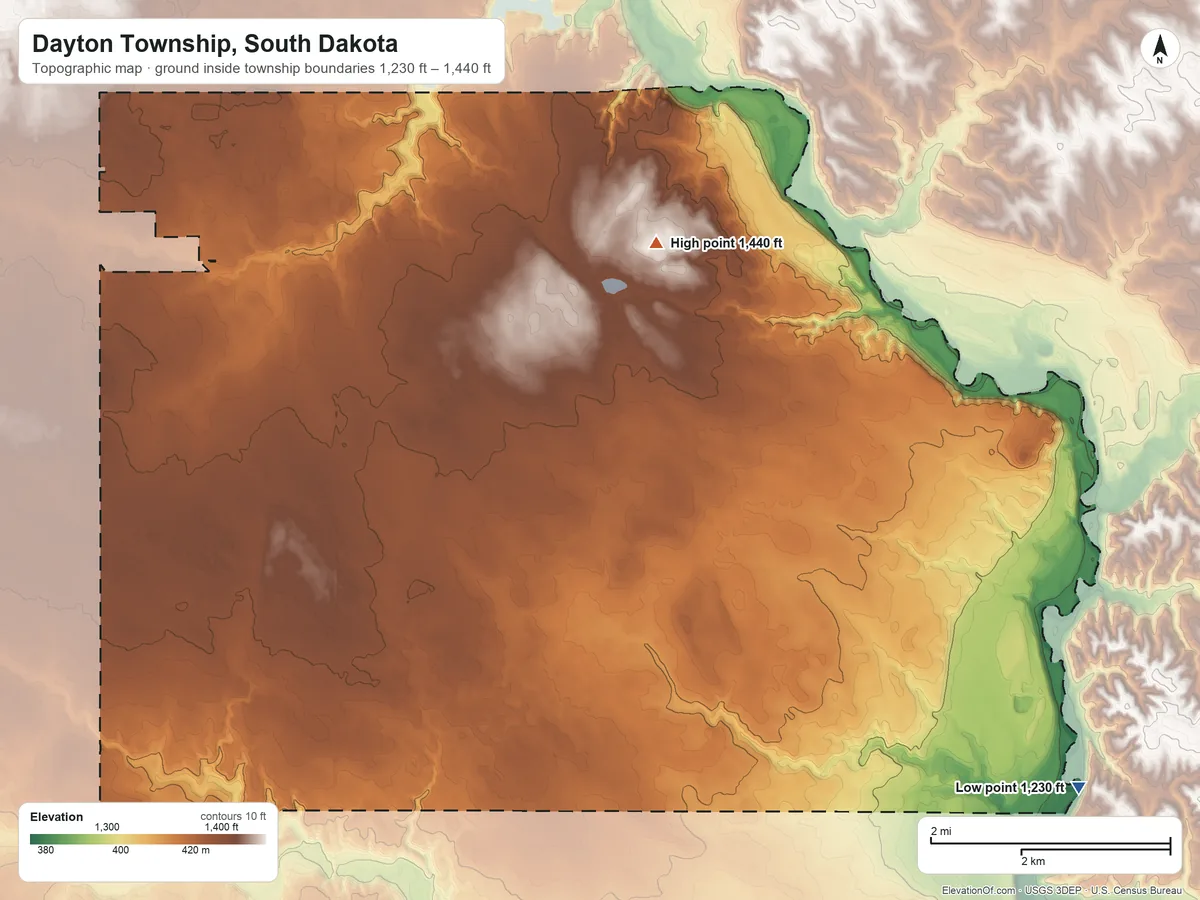 Topographic elevation map of Dayton Township, South Dakota, shaded from 1,230 ft on the southeast side to 1,440 ft on the northeast side