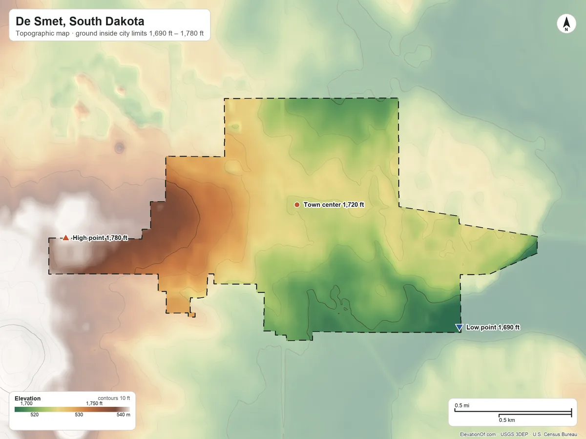 Topographic elevation map of De Smet, South Dakota, shaded from 1,690 ft on the southeast side to 1,780 ft on the west side