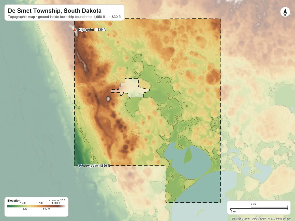 Topographic elevation map of De Smet Township, South Dakota, shaded from 1,650 ft on the southwest side to 1,830 ft on the northwest side