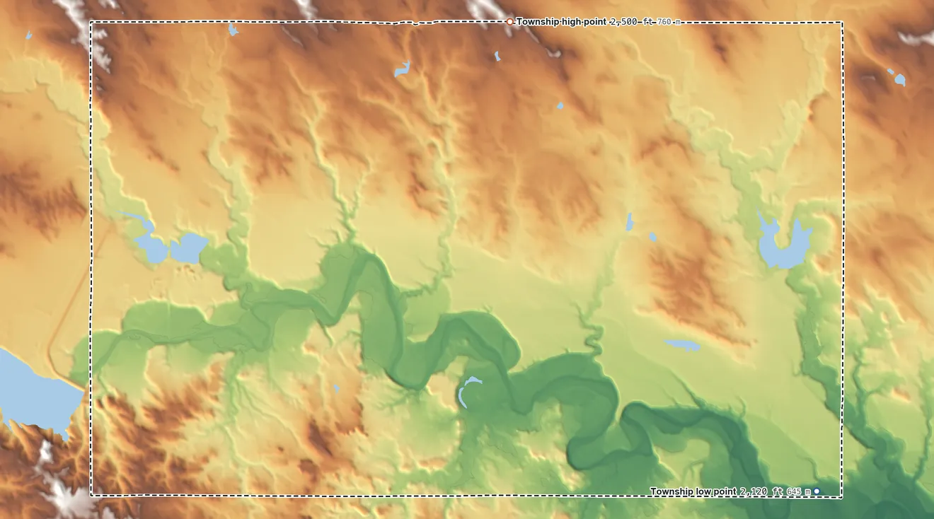Topographic elevation map of De Witt Township, South Dakota, shaded from 2,120 ft on the southeast side to 2,500 ft on the northeast side