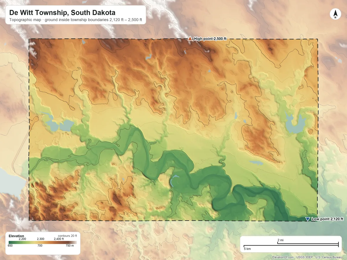 Topographic elevation map of De Witt Township, South Dakota, shaded from 2,120 ft on the southeast side to 2,500 ft on the northeast side