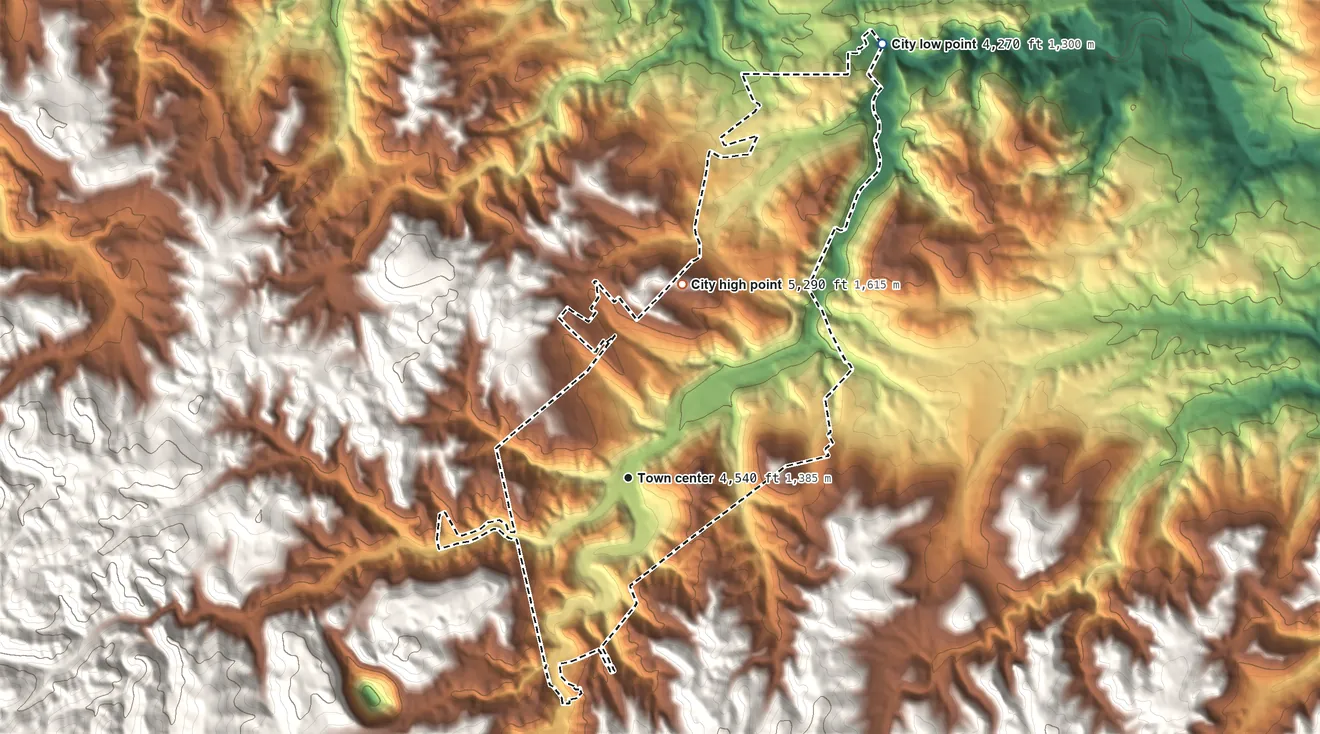 Topographic elevation map of Deadwood, South Dakota, shaded from 4,270 ft on the northeast side to 5,290 ft at the foot of the Black Hills