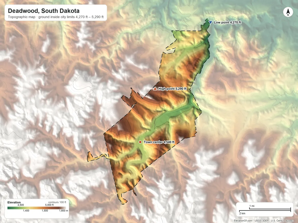 Topographic elevation map of Deadwood, South Dakota, shaded from 4,270 ft on the northeast side to 5,290 ft at the foot of the Black Hills
