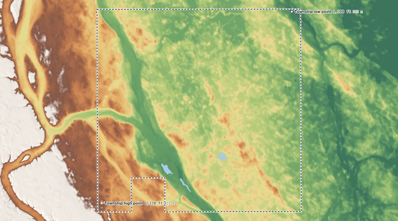 Topographic elevation map of Dearborn Township, South Dakota, shaded from 1,300 ft on the northeast side to 1,370 ft on the southwest side