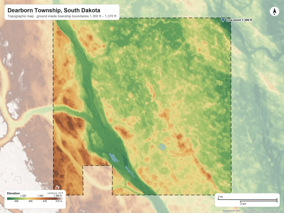 Topographic elevation map of Dearborn Township, South Dakota, shaded from 1,300 ft on the northeast side to 1,370 ft on the southwest side