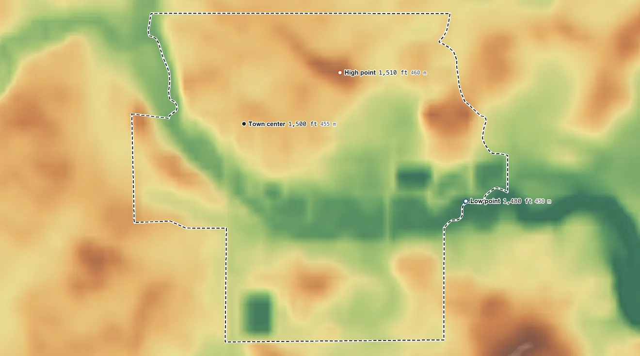 Topographic elevation map of Deerfield Colony, South Dakota, shaded from 1,480 ft on the east side to 1,510 ft on the northeast side