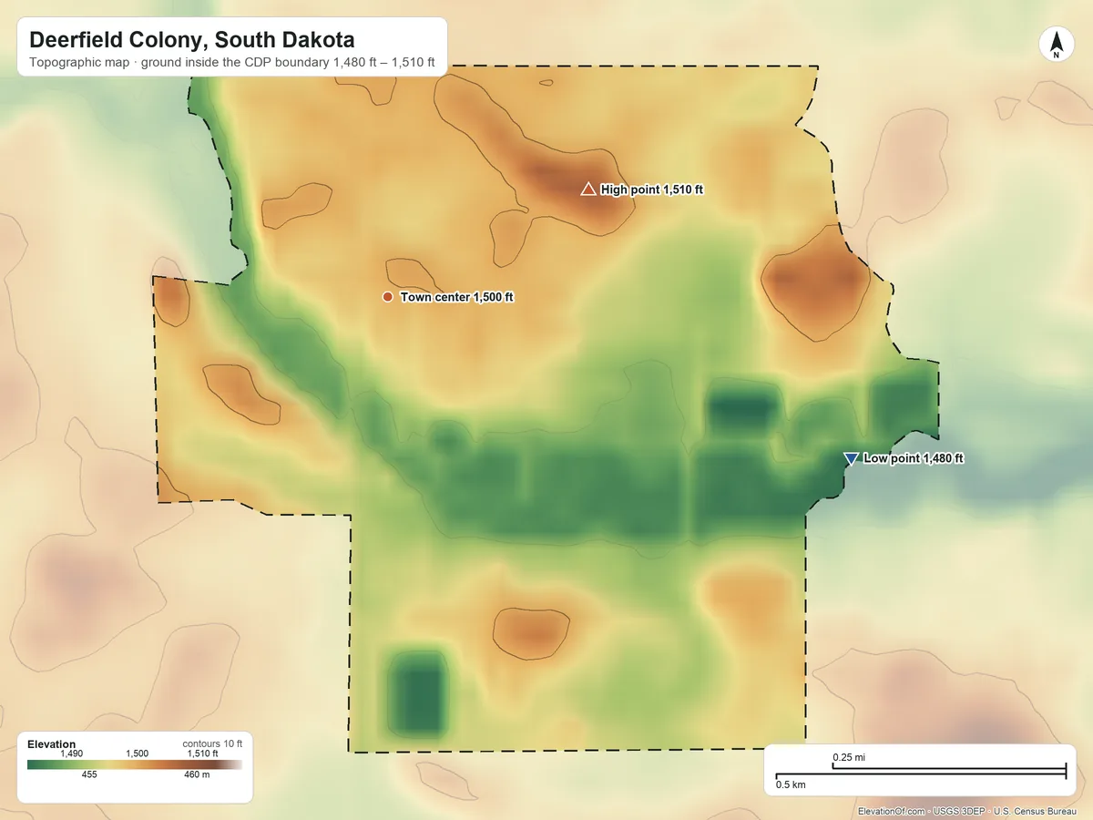 Topographic elevation map of Deerfield Colony, South Dakota, shaded from 1,480 ft on the east side to 1,510 ft on the northeast side