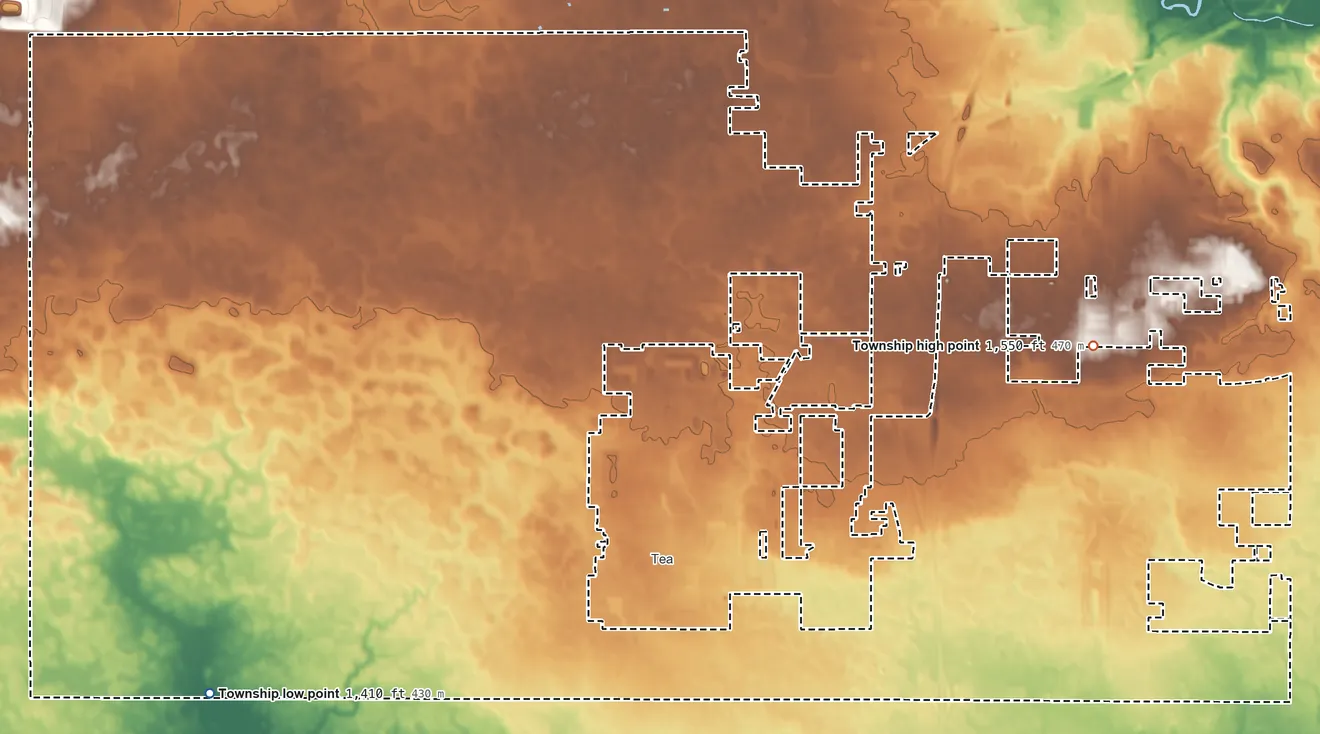 Topographic elevation map of Delapre Township, South Dakota, shaded from 1,410 ft on the southwest side to 1,550 ft on the east side