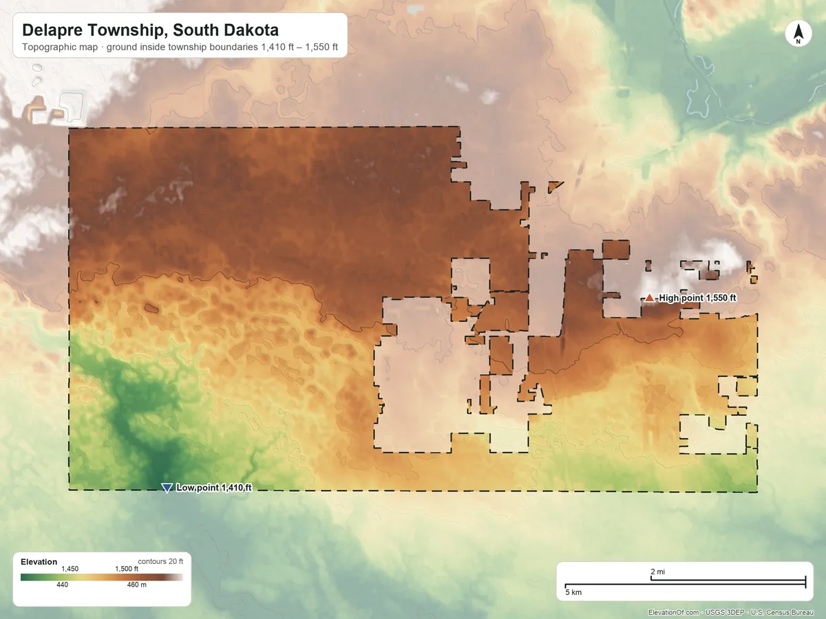 Topographic elevation map of Delapre Township, South Dakota, shaded from 1,410 ft on the southwest side to 1,550 ft on the east side