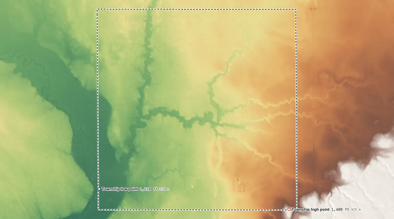 Topographic elevation map of Delaware Township, South Dakota, shaded from 1,210 ft on the southwest side to 1,400 ft on the southeast side