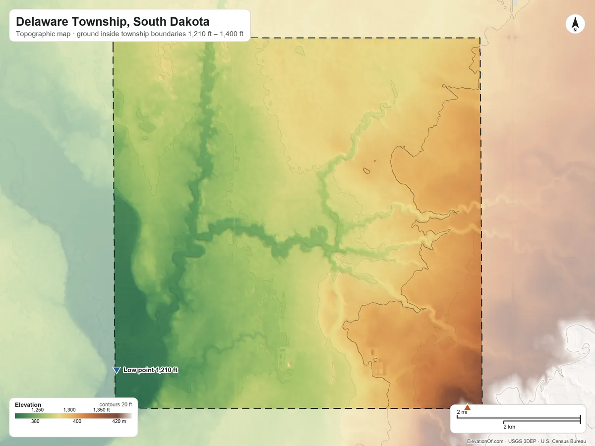 Topographic elevation map of Delaware Township, South Dakota, shaded from 1,210 ft on the southwest side to 1,400 ft on the southeast side
