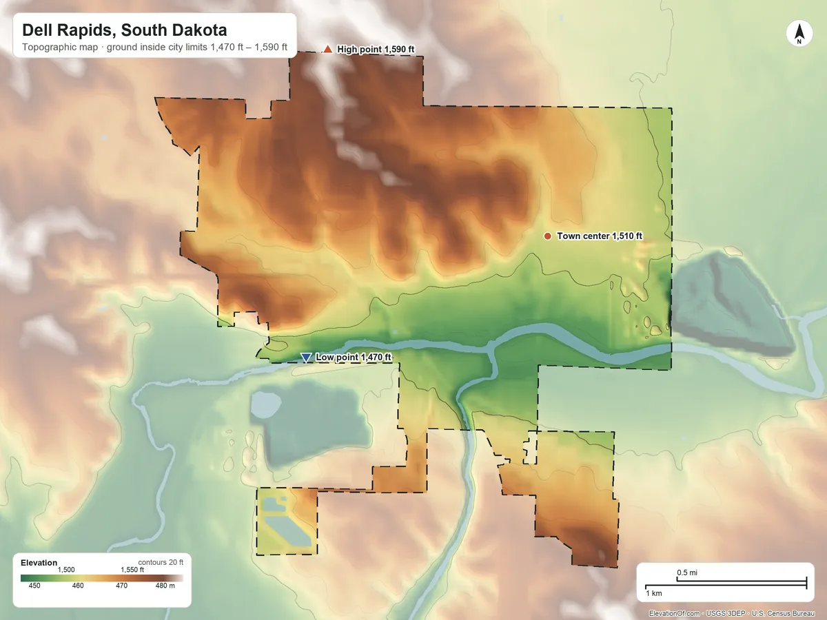 Topographic elevation map of Dell Rapids, South Dakota, shaded from 1,470 ft on the southwest side to 1,590 ft on the northwest side