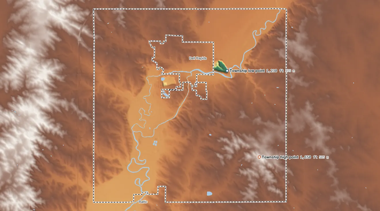 Topographic elevation map of Dell Rapids Township, South Dakota, shaded from 1,230 ft on the northeast side to 1,650 ft on the southeast side