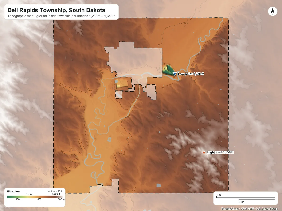 Topographic elevation map of Dell Rapids Township, South Dakota, shaded from 1,230 ft on the northeast side to 1,650 ft on the southeast side
