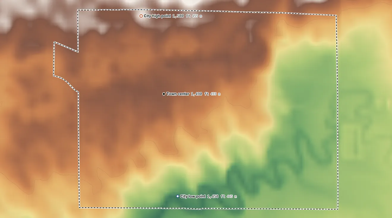 Topographic elevation map of Delmont, South Dakota, shaded from 1,450 ft on the south side to 1,500 ft on the north side
