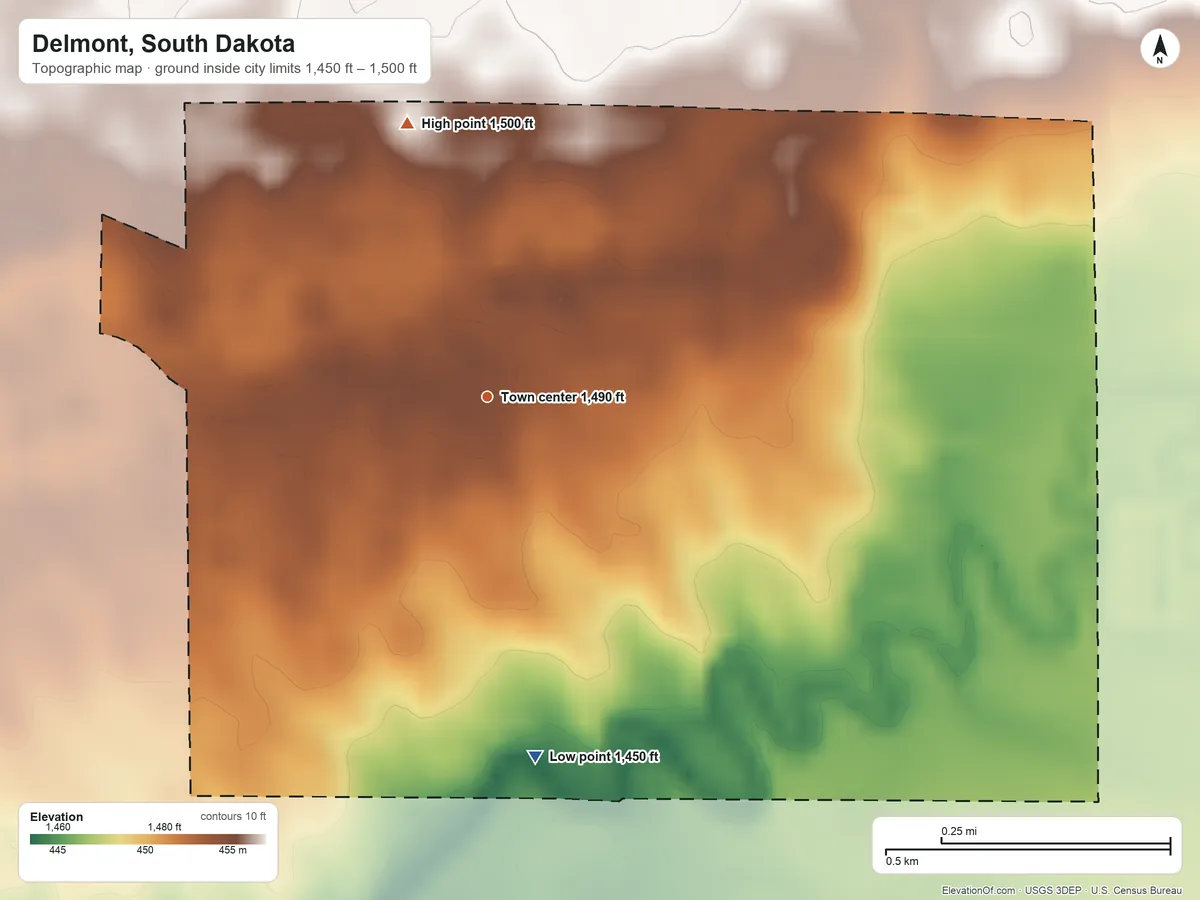 Topographic elevation map of Delmont, South Dakota, shaded from 1,450 ft on the south side to 1,500 ft on the north side