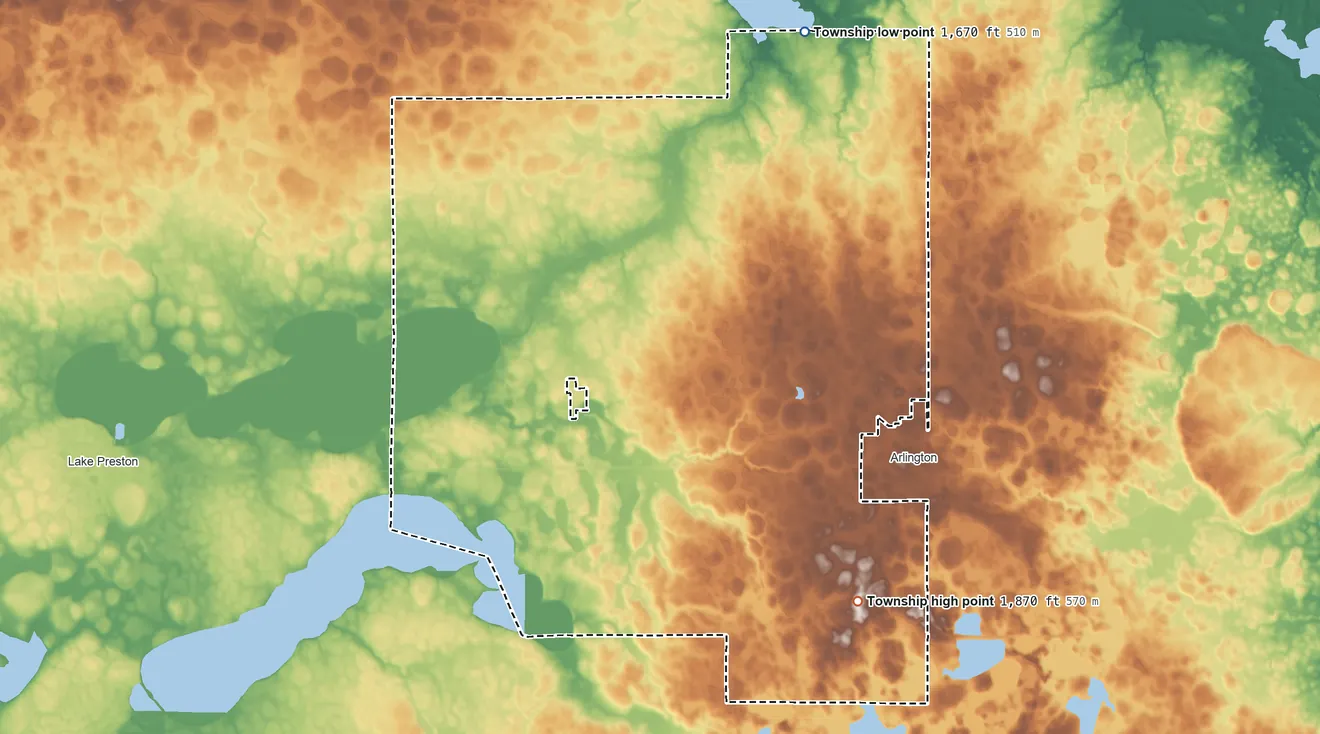 Topographic elevation map of Denver Township, South Dakota, shaded from 1,670 ft on the north side to 1,870 ft on the southeast side