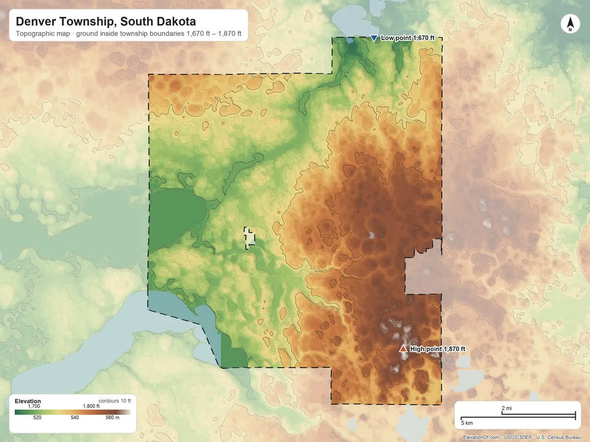Topographic elevation map of Denver Township, South Dakota, shaded from 1,670 ft on the north side to 1,870 ft on the southeast side