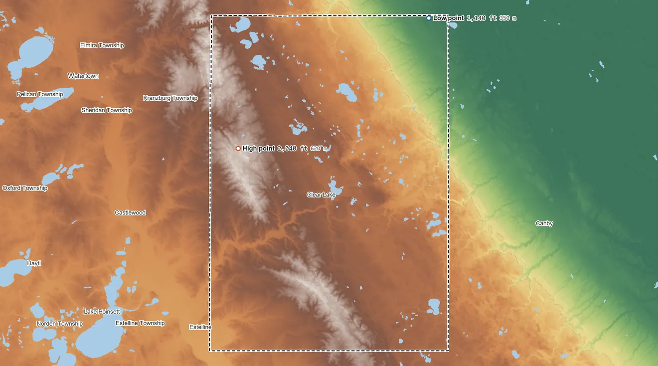 Topographic elevation map of Deuel County, South Dakota, shaded from 1,140 ft on the northeast side to 2,040 ft on the west side