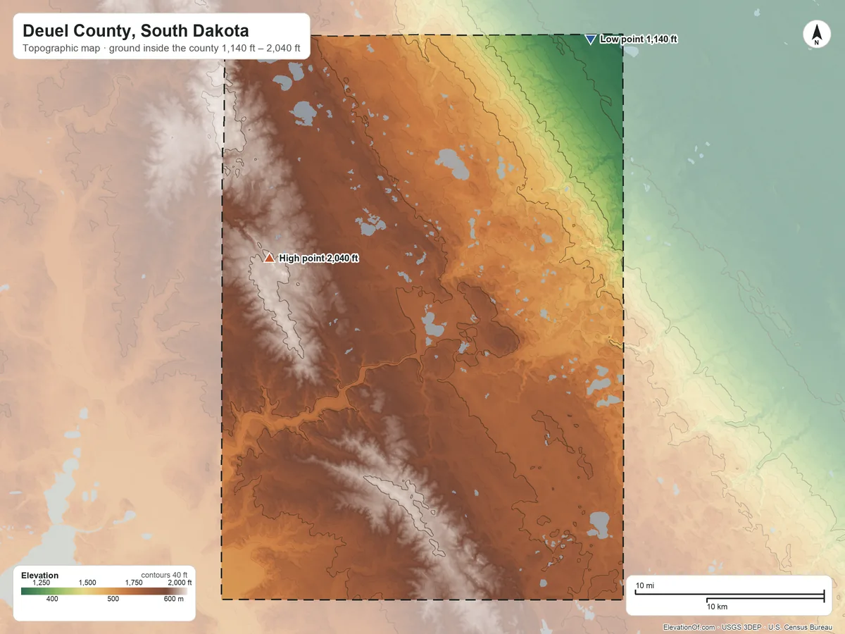 Topographic elevation map of Deuel County, South Dakota, shaded from 1,140 ft on the northeast side to 2,040 ft on the west side