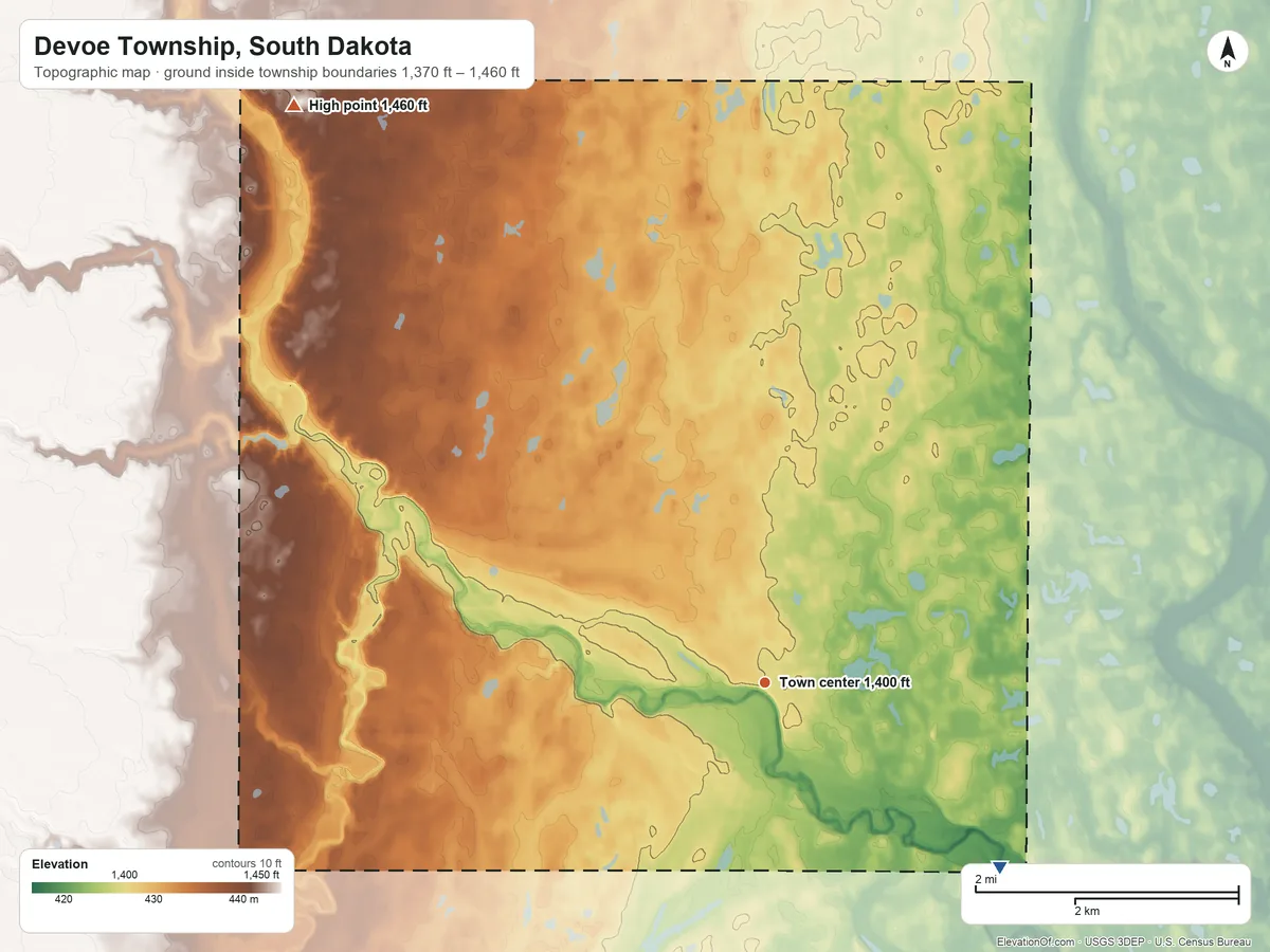Topographic elevation map of Devoe Township, South Dakota, shaded from 1,370 ft on the southeast side to 1,460 ft on the northwest side
