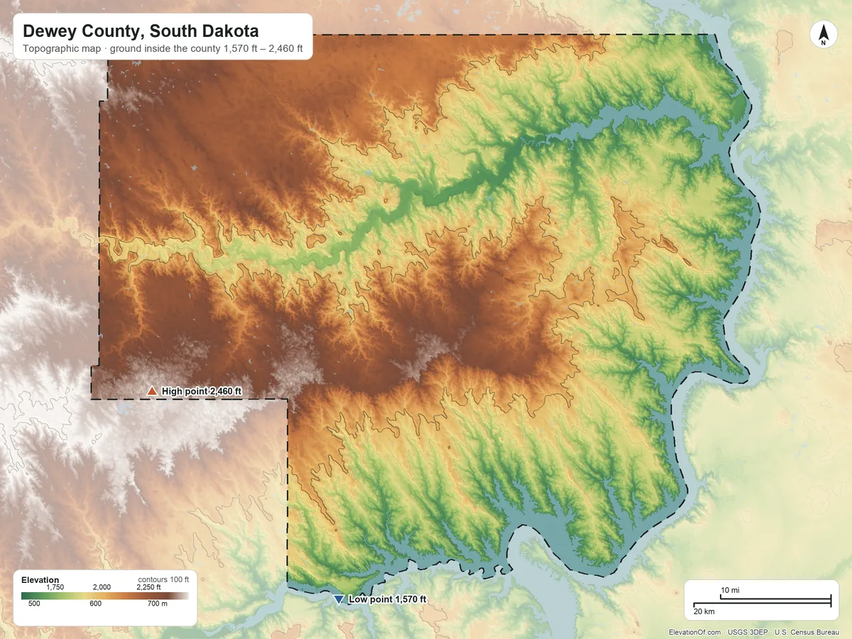 Topographic elevation map of Dewey County, South Dakota, shaded from 1,570 ft on the south side to 2,460 ft on the west side