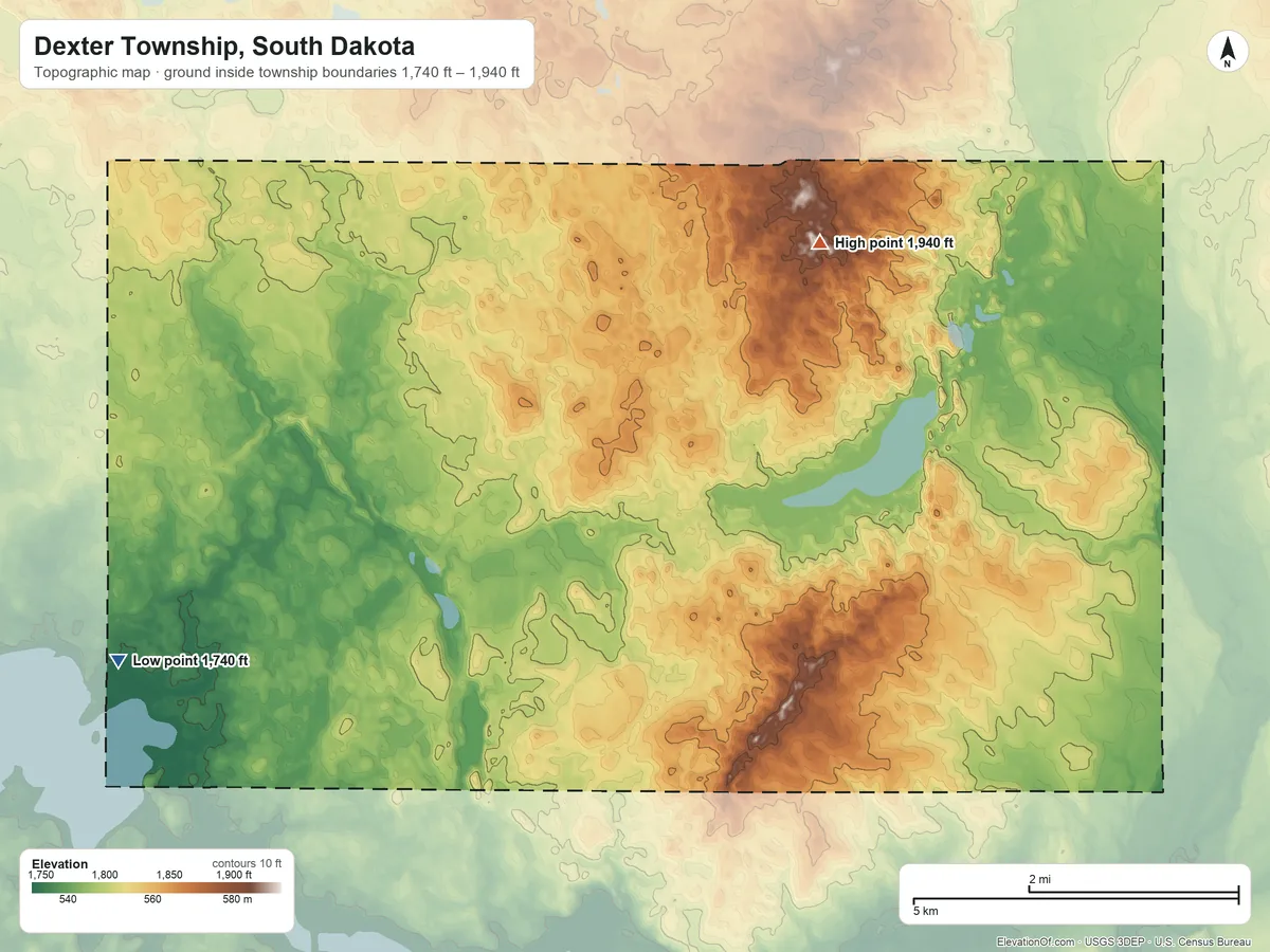 Topographic elevation map of Dexter Township, South Dakota, shaded from 1,740 ft on the west side to 1,940 ft on the northeast side