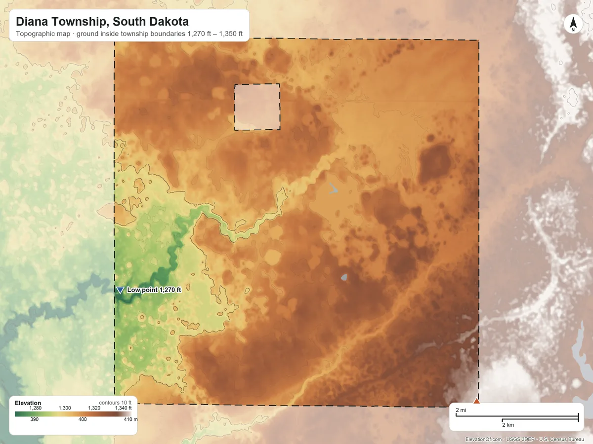 Topographic elevation map of Diana Township, South Dakota, shaded from 1,270 ft on the west side to 1,350 ft on the southeast side
