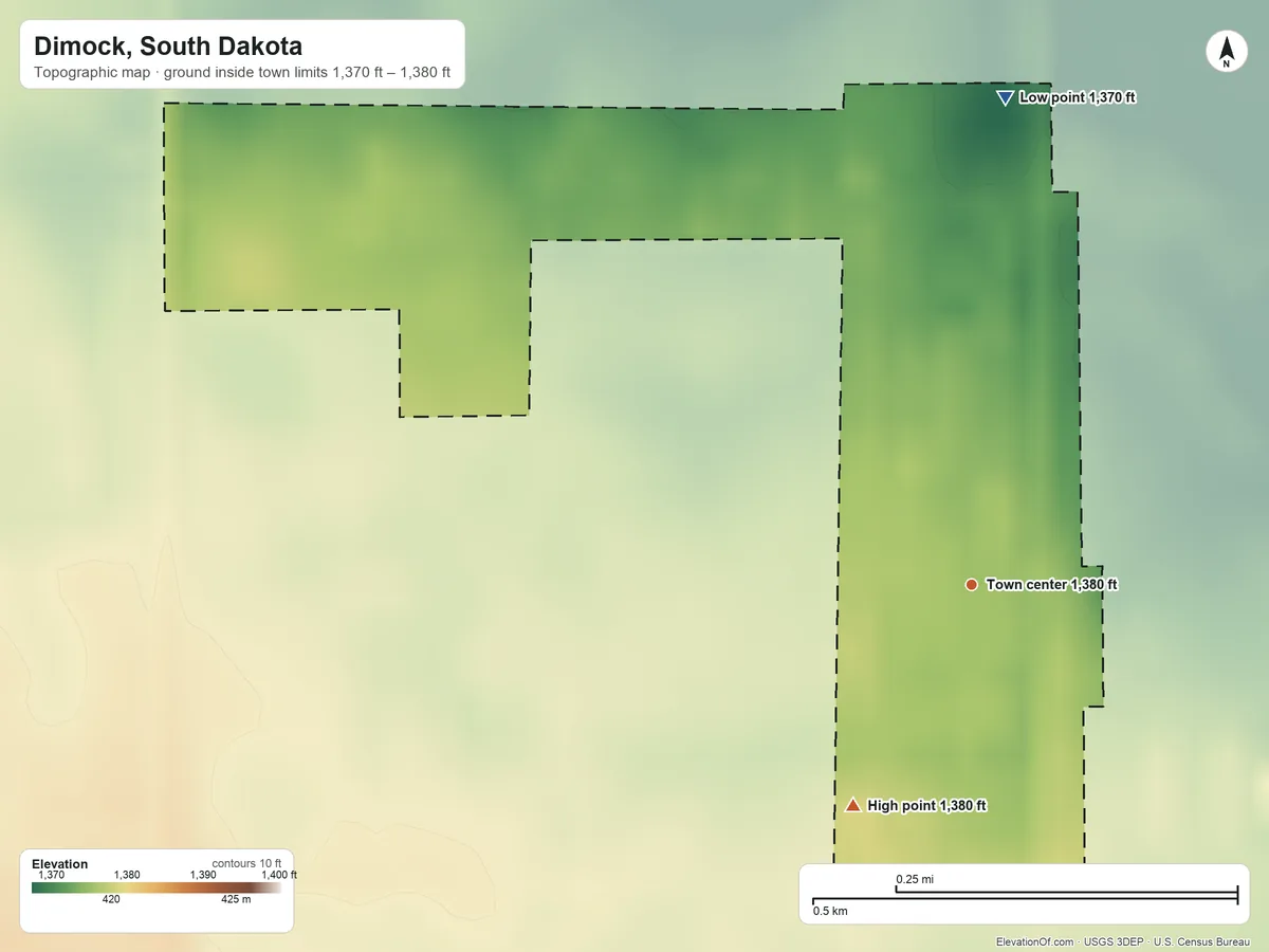 Topographic elevation map of Dimock, South Dakota, shaded from 1,370 ft on the north side to 1,380 ft on the southwest side