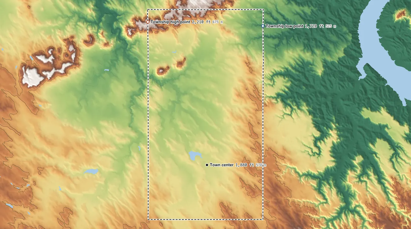 Topographic elevation map of Dixon Township, Gregory County, South Dakota, shaded from 1,720 ft on the north side to 2,210 ft on the north side