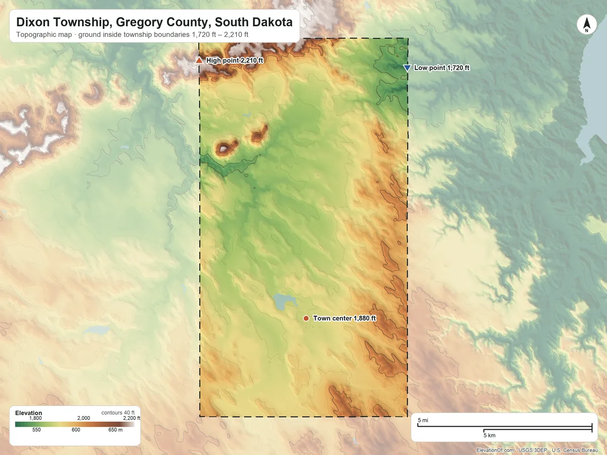 Topographic elevation map of Dixon Township, Gregory County, South Dakota, shaded from 1,720 ft on the north side to 2,210 ft on the north side