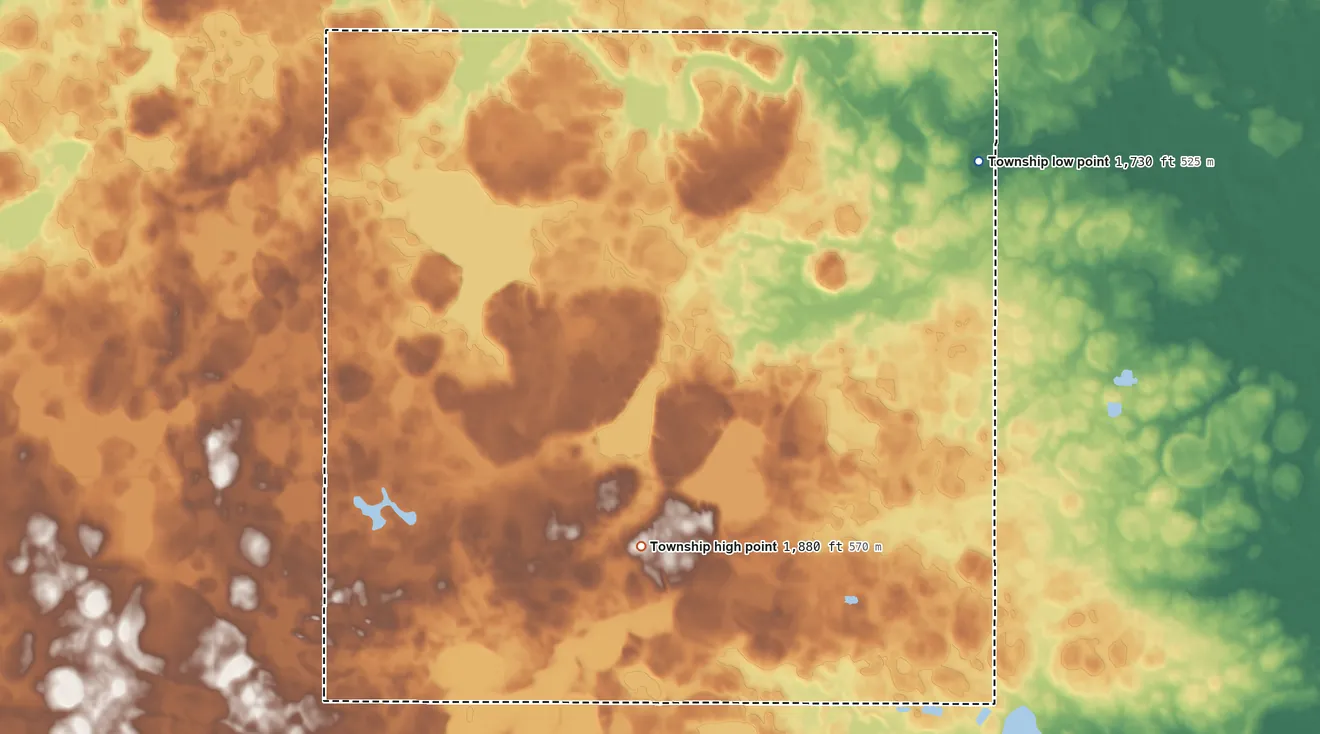 Topographic elevation map of Dixon Township, South Dakota, shaded from 1,730 ft on the northeast side to 1,880 ft on the south side