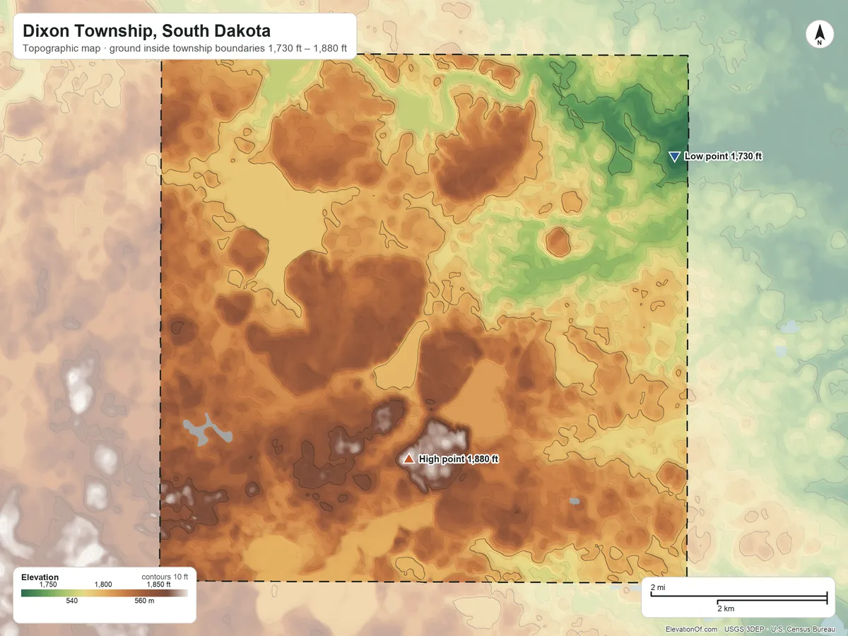 Topographic elevation map of Dixon Township, South Dakota, shaded from 1,730 ft on the northeast side to 1,880 ft on the south side