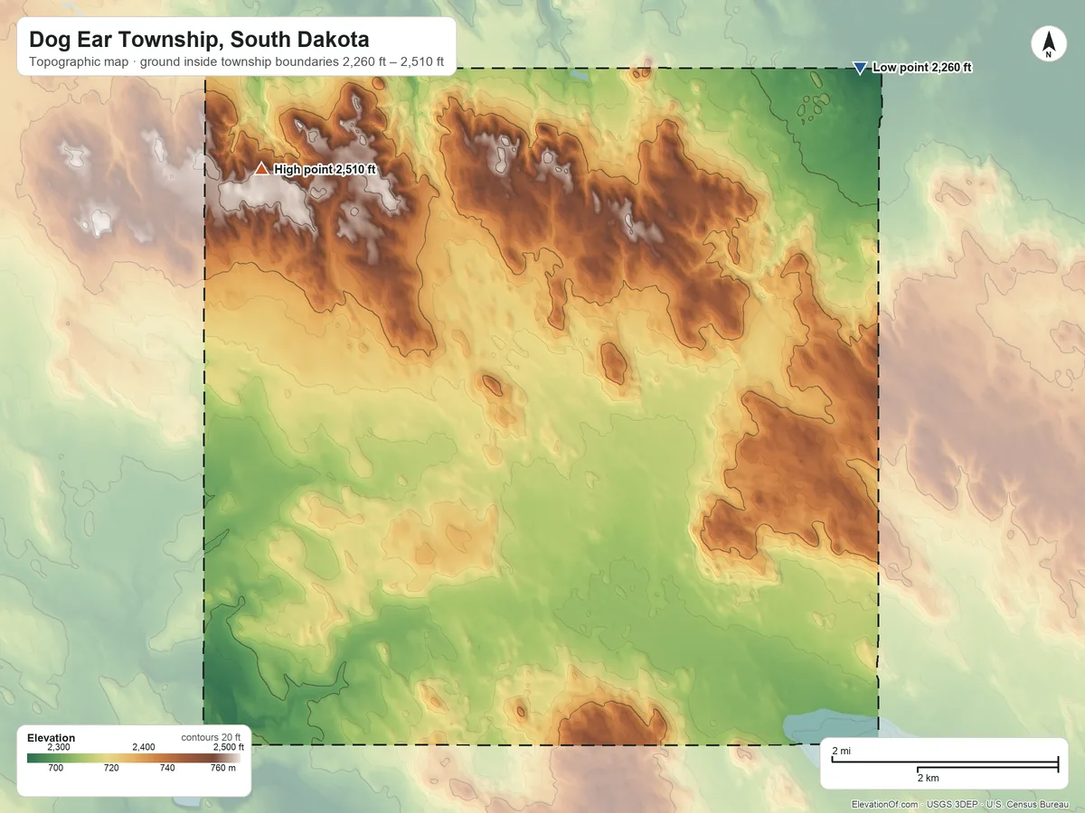 Topographic elevation map of Dog Ear Township, South Dakota, shaded from 2,260 ft on the northeast side to 2,510 ft on the west side