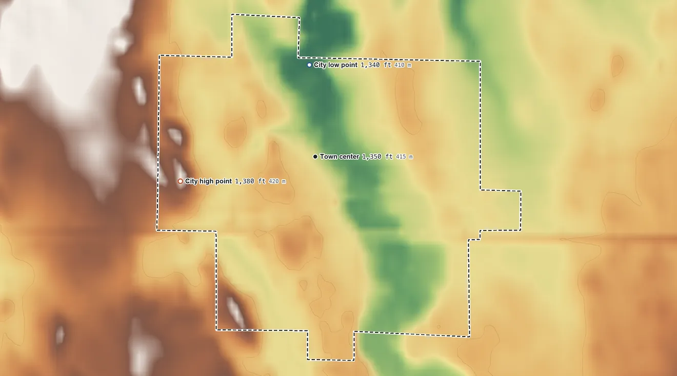 Topographic elevation map of Doland, South Dakota, shaded from 1,340 ft on the north side to 1,380 ft on the west side
