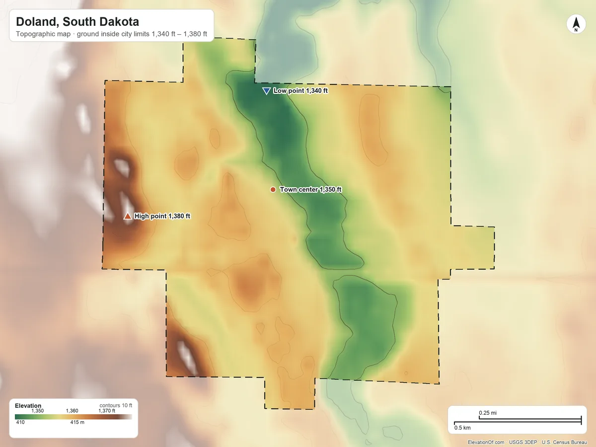 Topographic elevation map of Doland, South Dakota, shaded from 1,340 ft on the north side to 1,380 ft on the west side