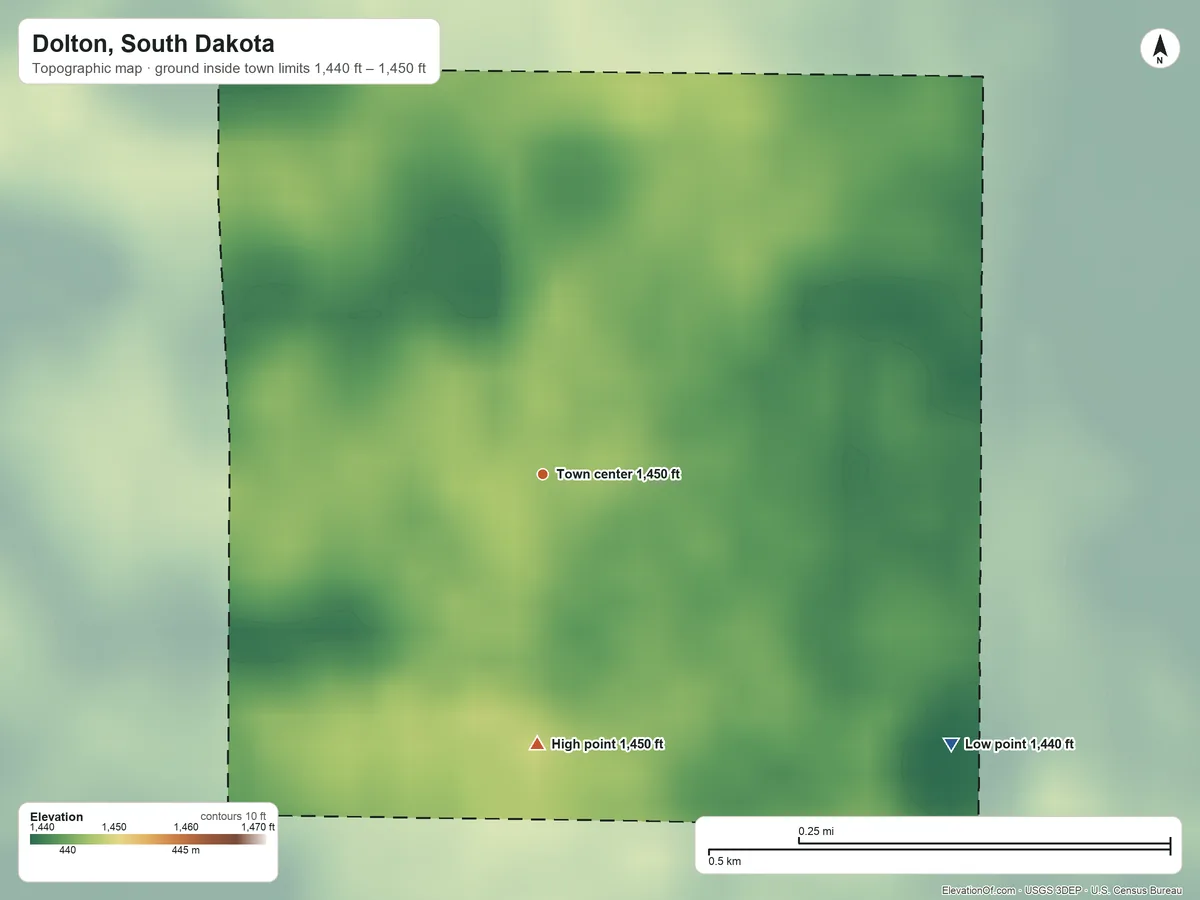 Topographic elevation map of Dolton, South Dakota, shaded from 1,440 ft on the southeast side to 1,450 ft on the south side