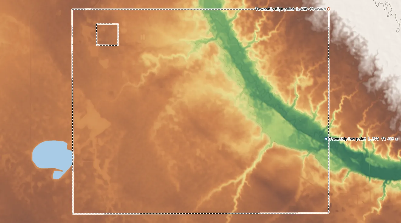 Topographic elevation map of Dolton Township, South Dakota, shaded from 1,370 ft on the east side to 1,480 ft on the northeast side