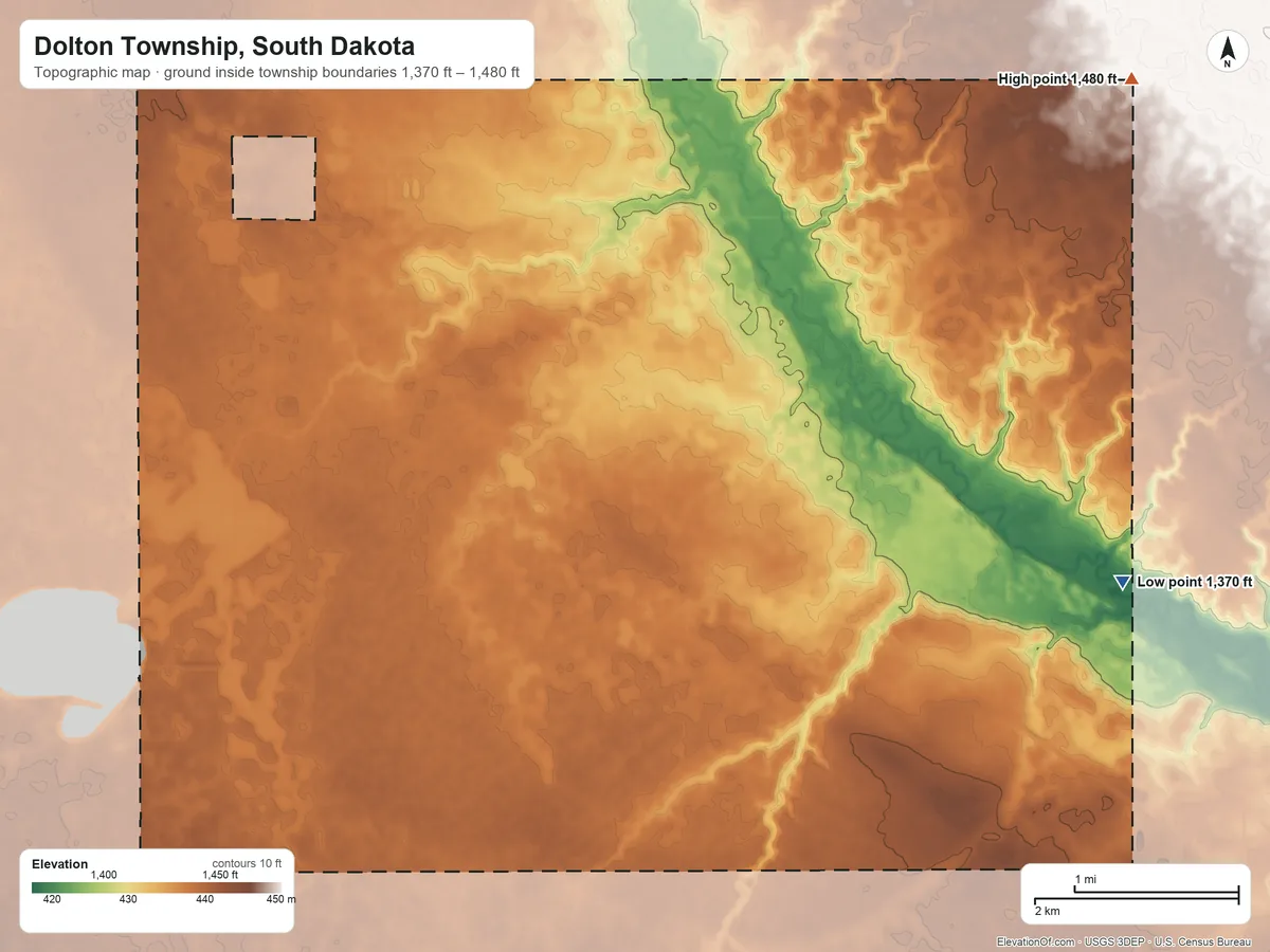 Topographic elevation map of Dolton Township, South Dakota, shaded from 1,370 ft on the east side to 1,480 ft on the northeast side
