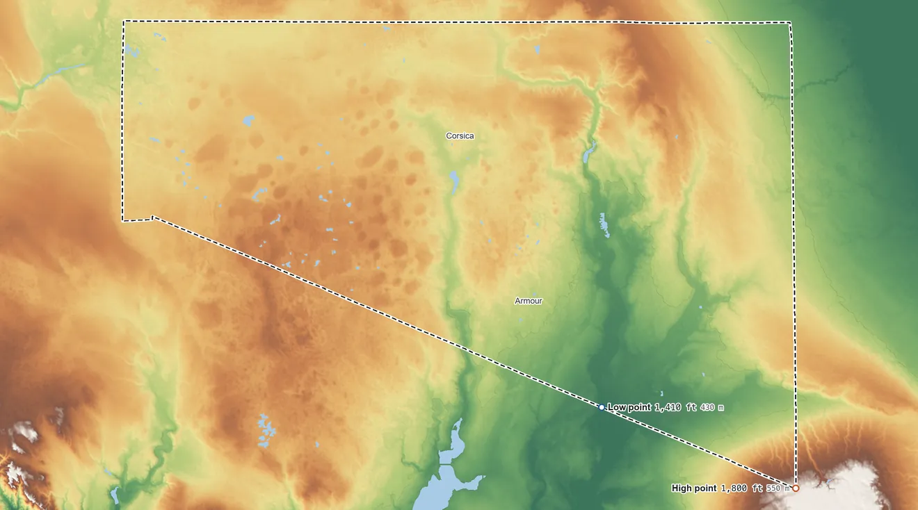 Topographic elevation map of Douglas County, South Dakota, shaded from 1,410 ft on the southeast side to 1,800 ft on the southeast side