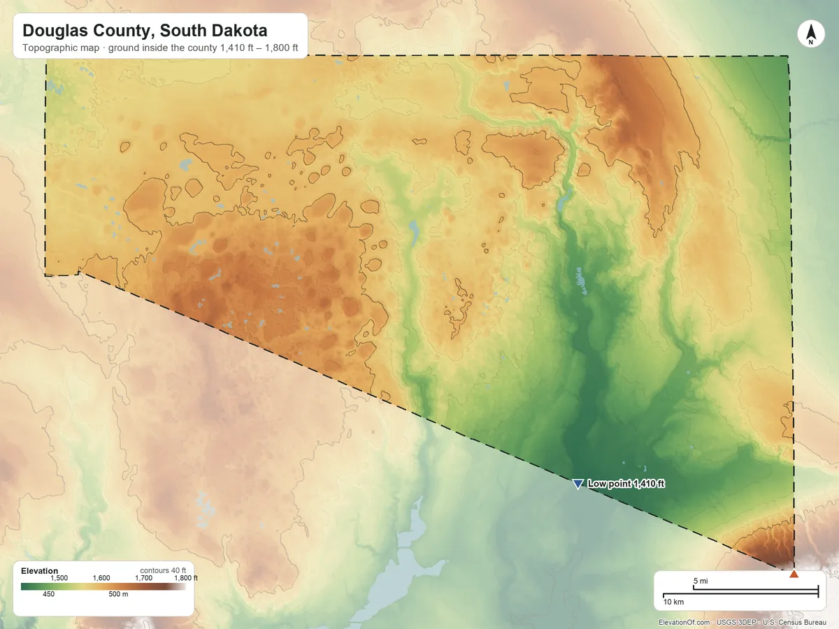 Topographic elevation map of Douglas County, South Dakota, shaded from 1,410 ft on the southeast side to 1,800 ft on the southeast side